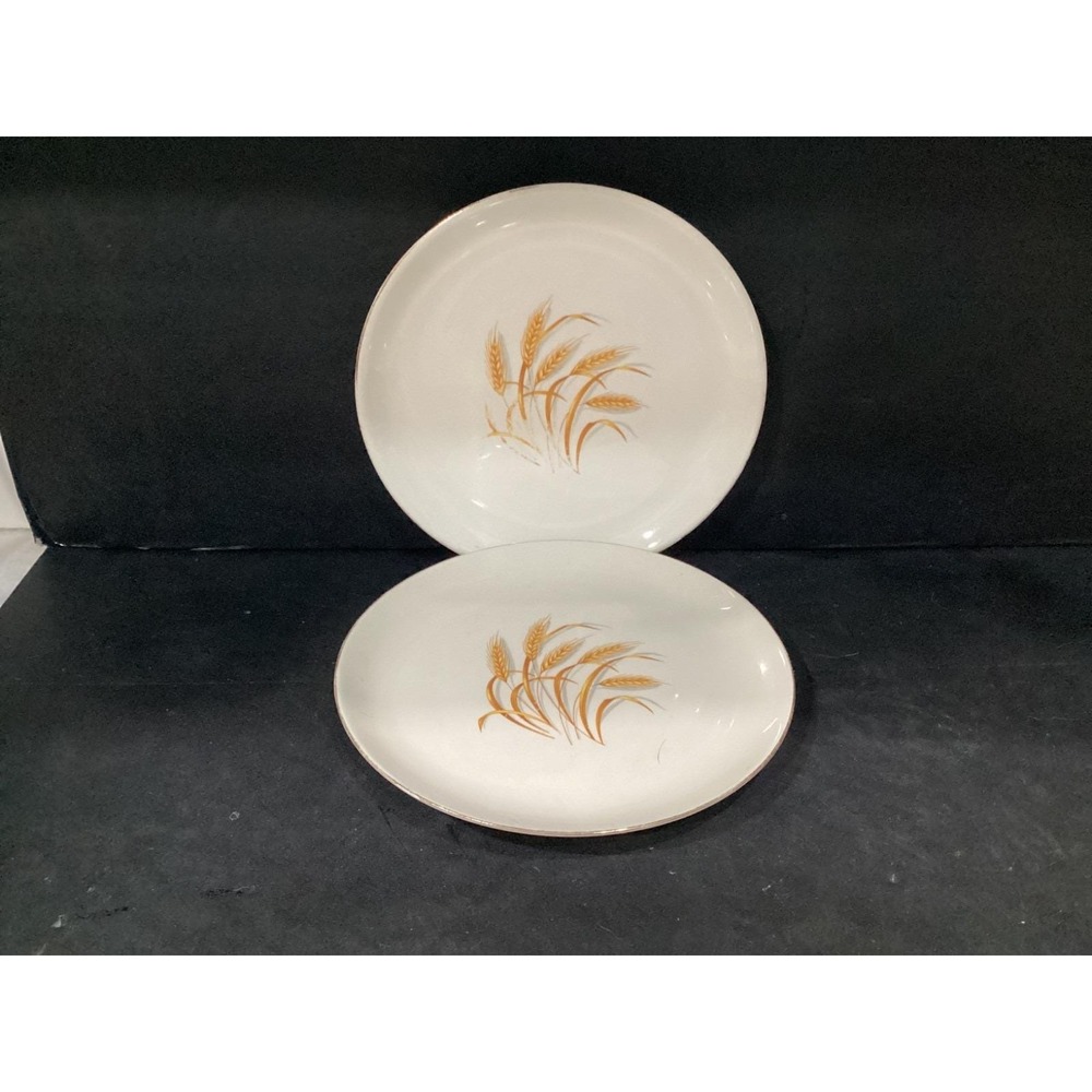 Homer Laughlin Golden Wheat 22K Gold Trim Dinner Plates Set of 2 Vintage 1950s